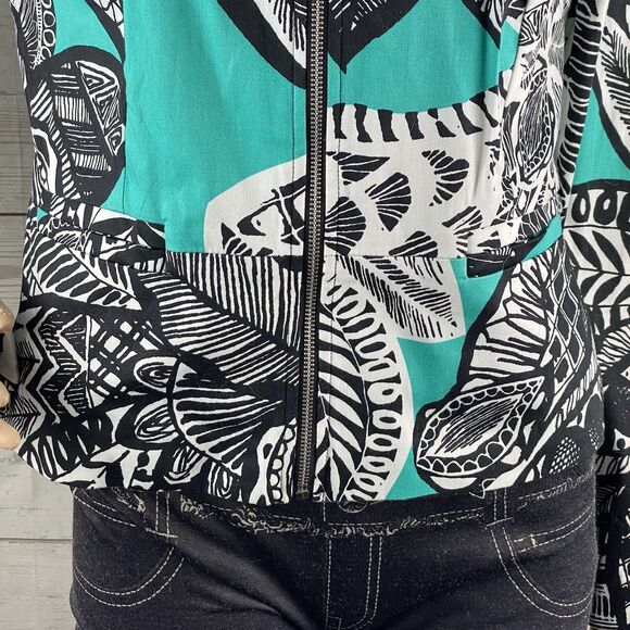 Chloe Madison Jacket Teal Black White Abstract Floral Print Full Zip - Picture 8 of 12